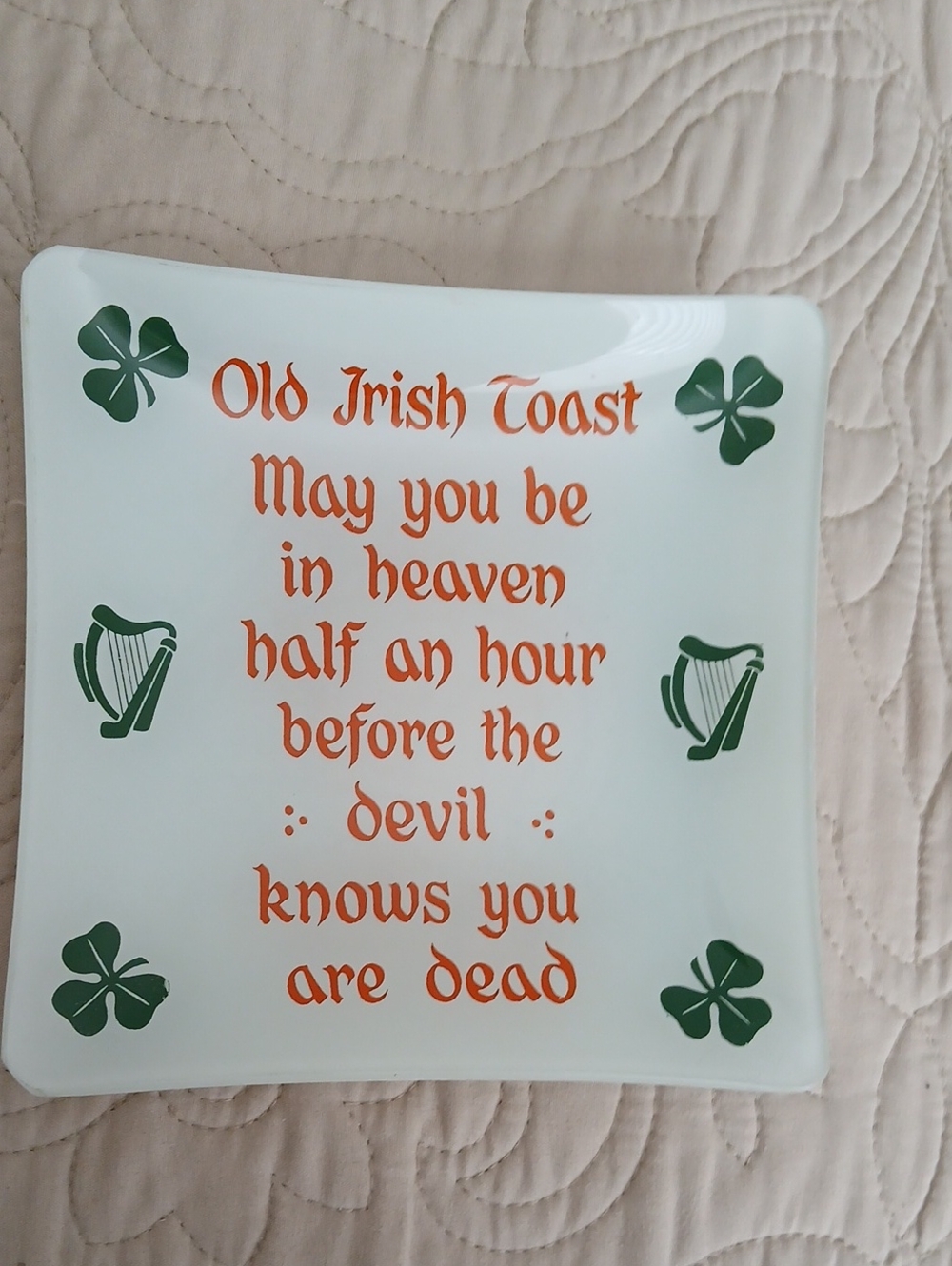 Irish Toast Decorative Plate - White with Green and Orange Accents